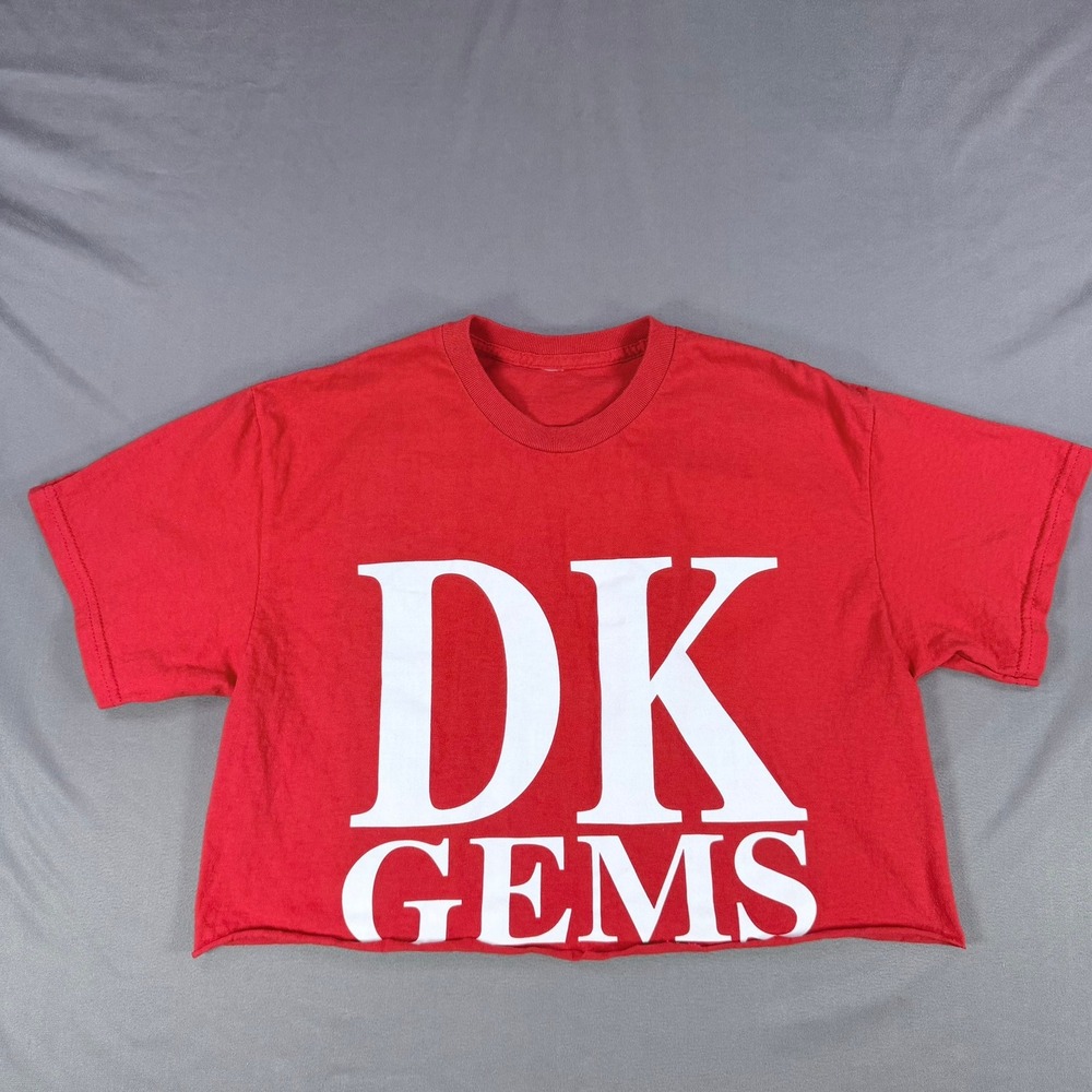 DK Gems Womens L Red Cotton‎ Graphic Tee Cut Off Cropped T-Shirt Promo Top